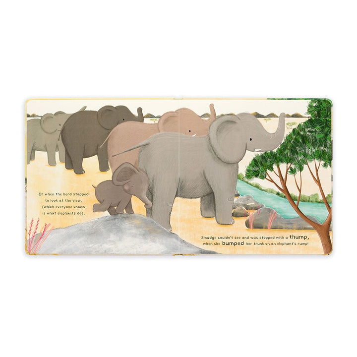 Jellycat Smudge the Littlest Elephant Book Books - Illustrated book page with elephants and a river on a white background