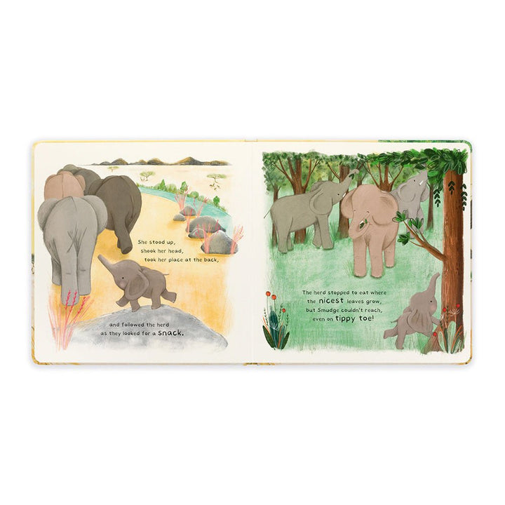 Jellycat Smudge the Littlest Elephant Book Books - Illustrated book pages with elephants in a jungle setting