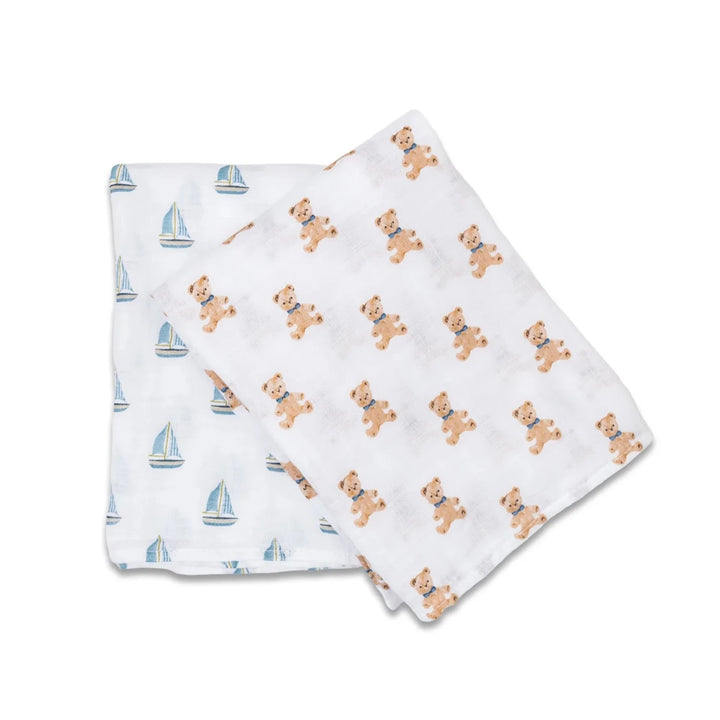 Lulujo Cotton Muslin Swaddle 2 pk Bear + Sailboat - Image 8