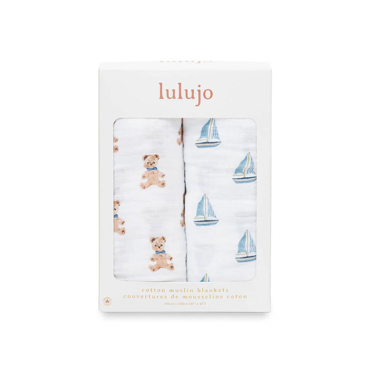 Lulujo Cotton Muslin Swaddle 2 pk Bear + Sailboat - Image 9
