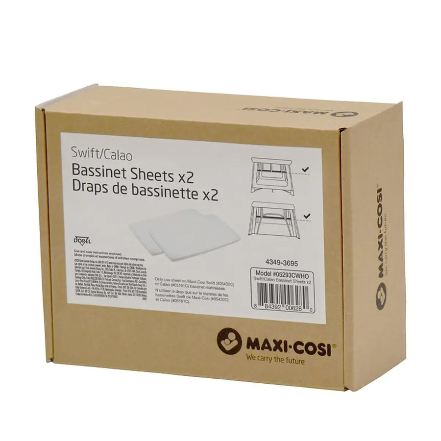 A brown cardboard box for Maxi-Cosi Swift/Calao Bassinet Sheets x2 and Drapes de bassinette x2, featuring a white label 
