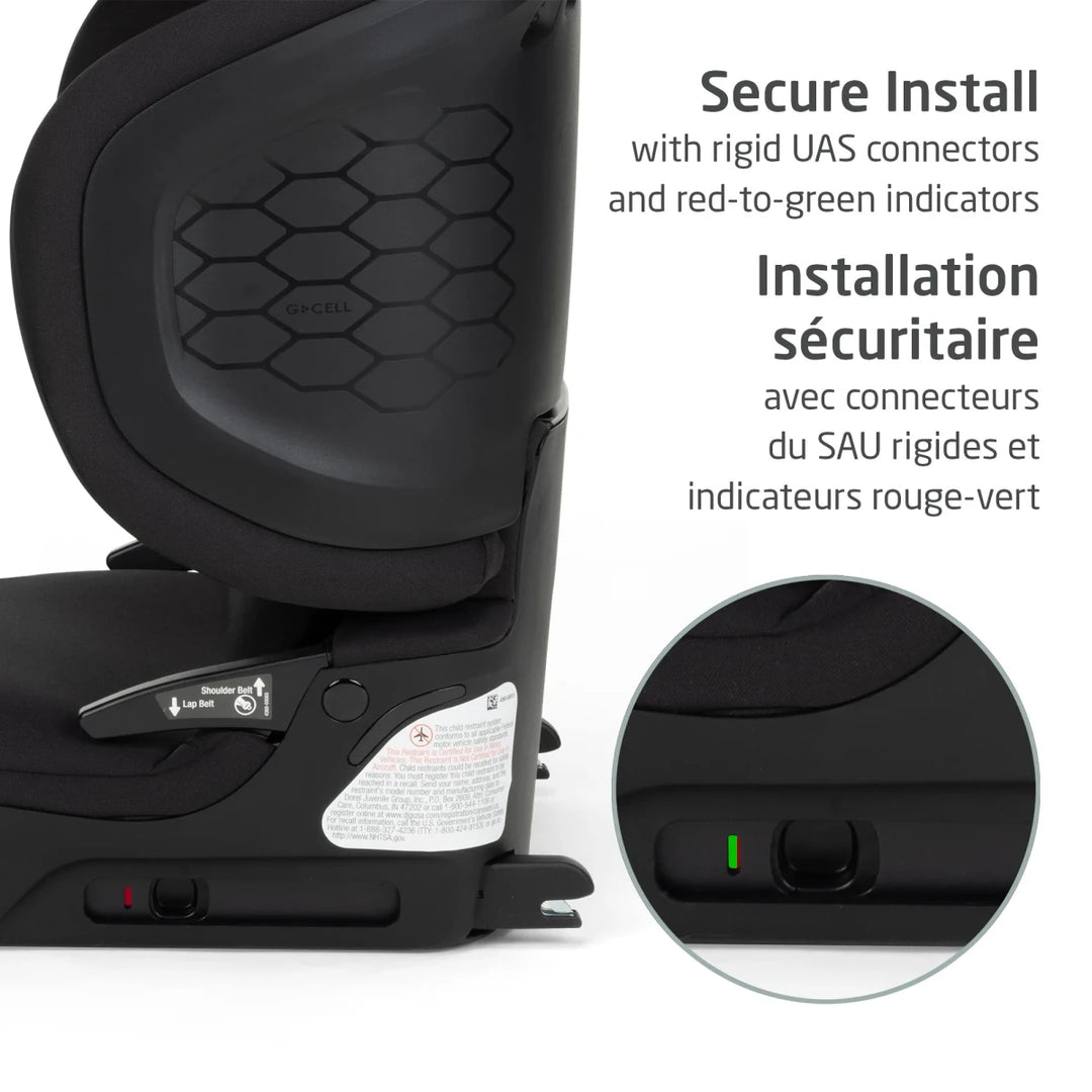 Maxi-Cosi Tanza booster seat three-quarter view with dual cup holders, vehicle compatibility, and safety features.