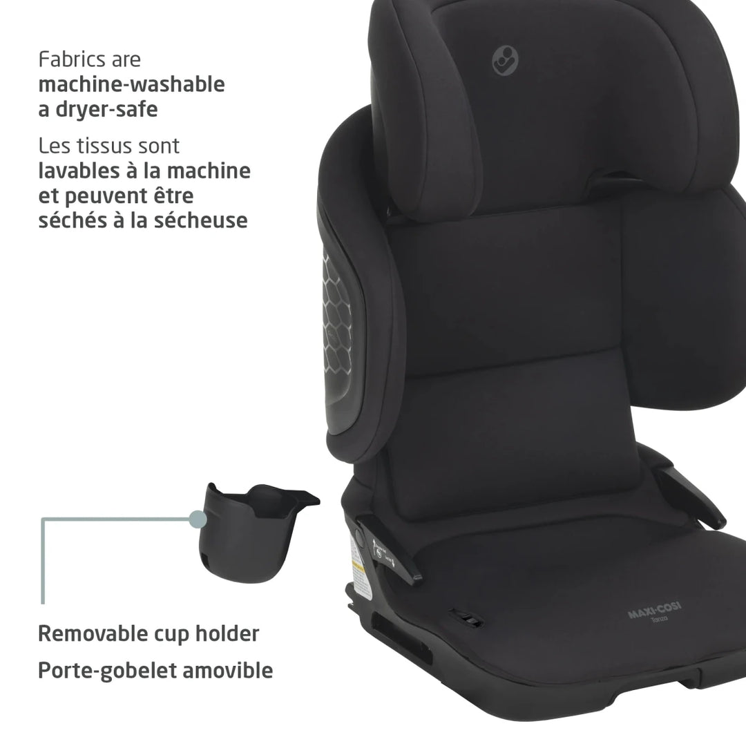 Maxi-Cosi Tanza booster seat front view with removable seat pad, molded shell, and easy-clean child-friendly design.