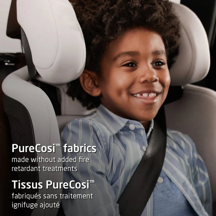 Maxi-Cosi Tanza belt-positioning booster seat with child demonstrating proper belt fit and PureCosi fabric comfort.
