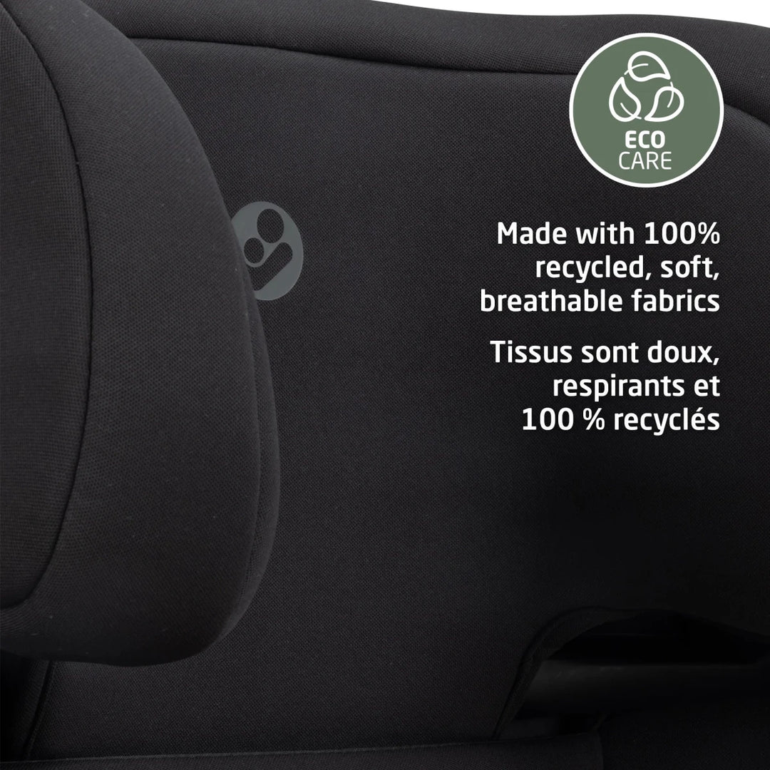 Maxi-Cosi Tanza booster car seat lifestyle image featuring plush comfort, dual cup holders, and eco-friendly fabrics.