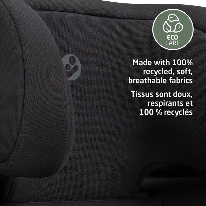 Maxi-Cosi Tanza booster car seat lifestyle image featuring plush comfort, dual cup holders, and eco-friendly fabrics.