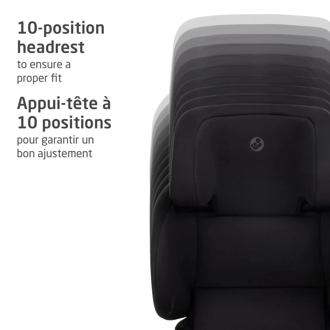 Maxi-Cosi Tanza booster seat installed in vehicle highlighting secure belt positioning and adjustable headrest support.