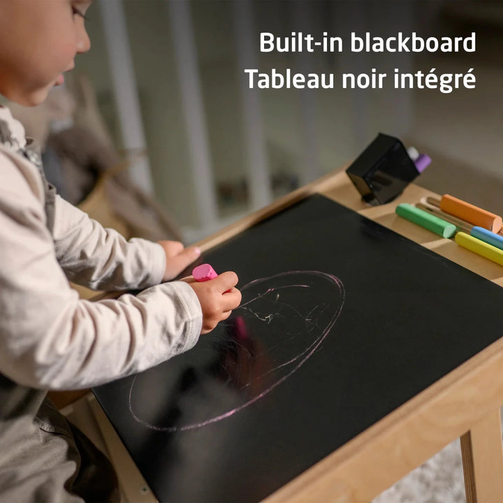 Maxi-Cosi Toucan 3-in-1 Learning Tower back view showing durable wooden frame and built-in blackboard feature.