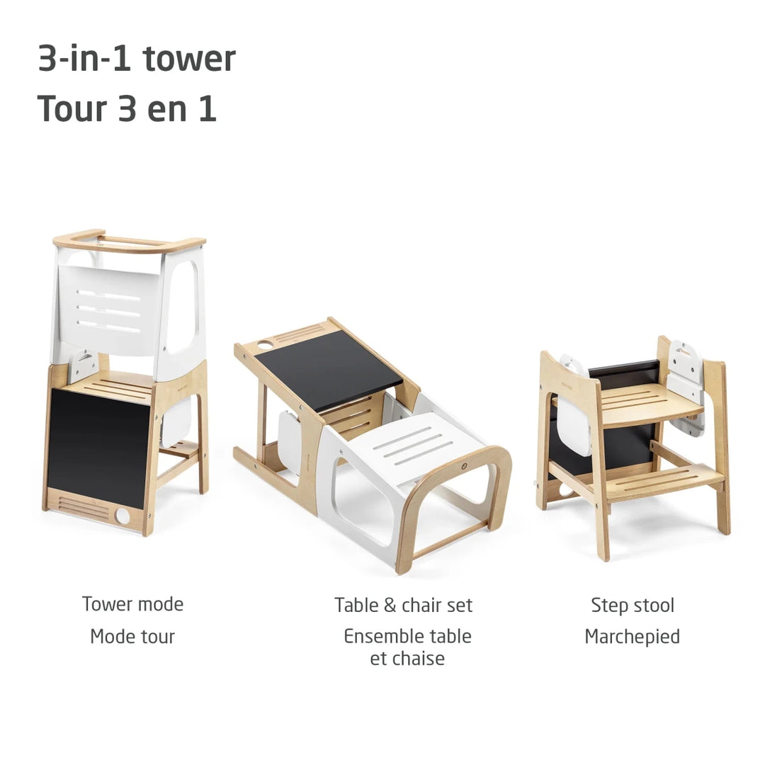 Maxi-Cosi Toucan™ 3 in 1 Learning Tower in Natural White, shown with a child standing safely at the counter height platform.