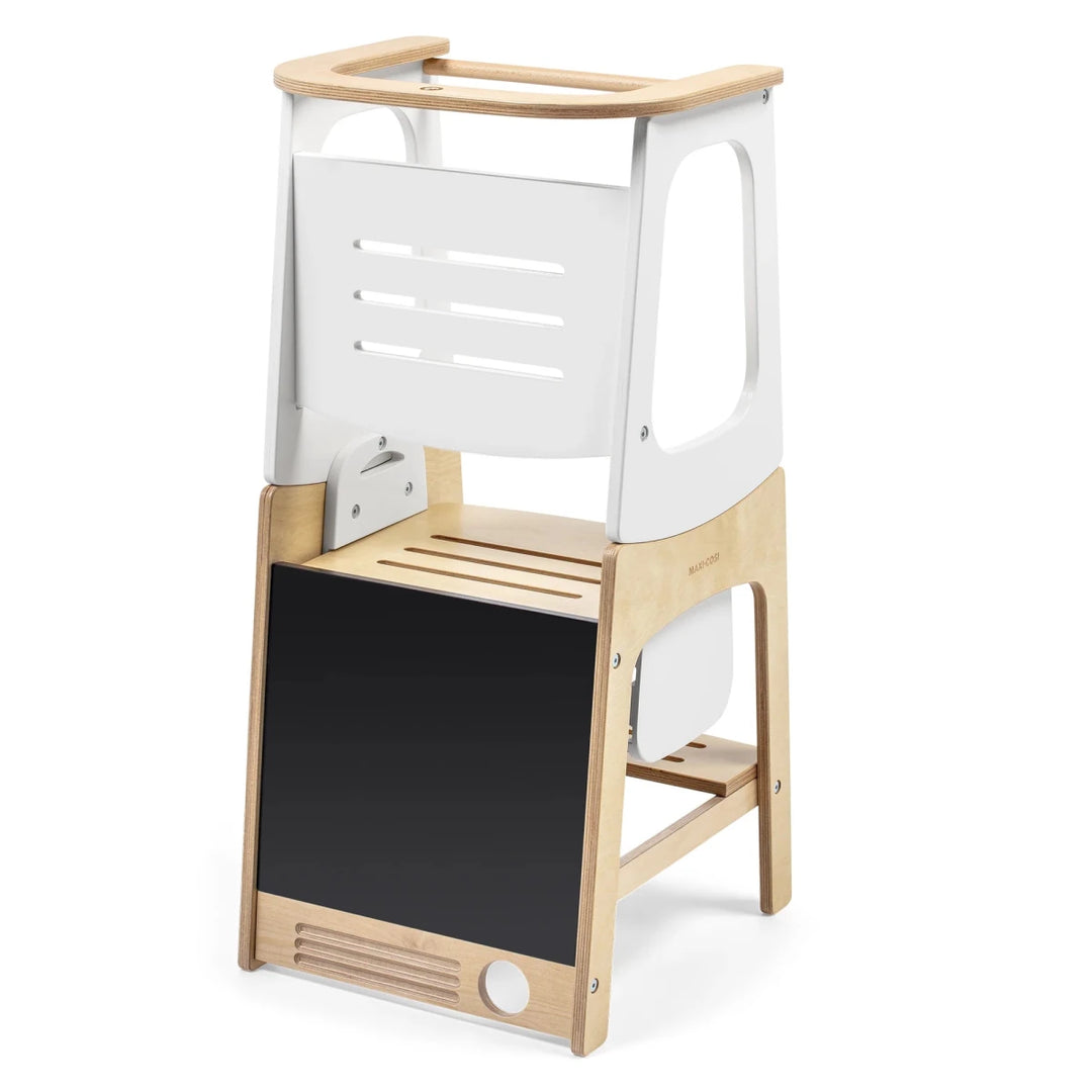 Maxi-Cosi Toucan™ 3 in 1 Learning Tower in Natural White, featuring the adjustable platform and sturdy wooden construction.