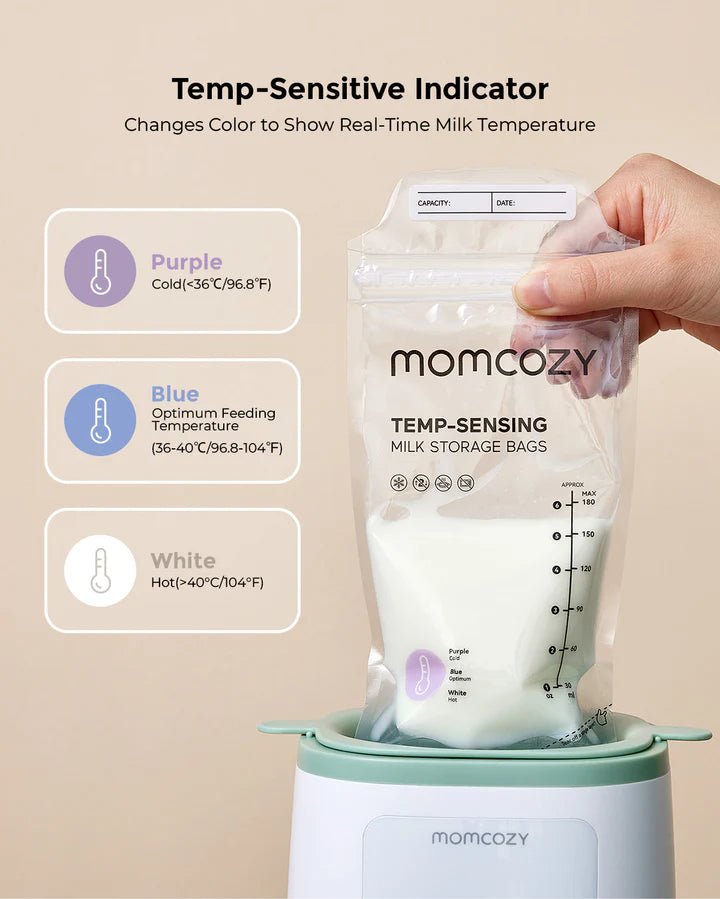 Momcozy 180ml Breastmilk Storage Bags with bottle and milk pouring demonstration for hygienic breast milk storage