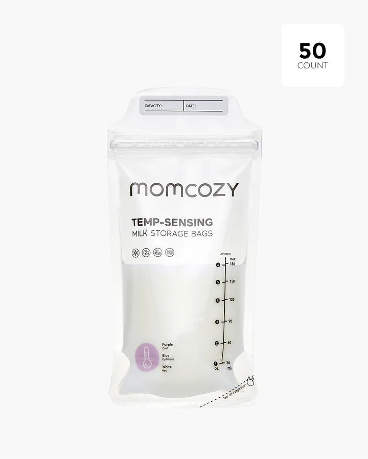 Momcozy 180ml Breastmilk Storage Bags retail packaging with colour-changing temperature indicator on white background