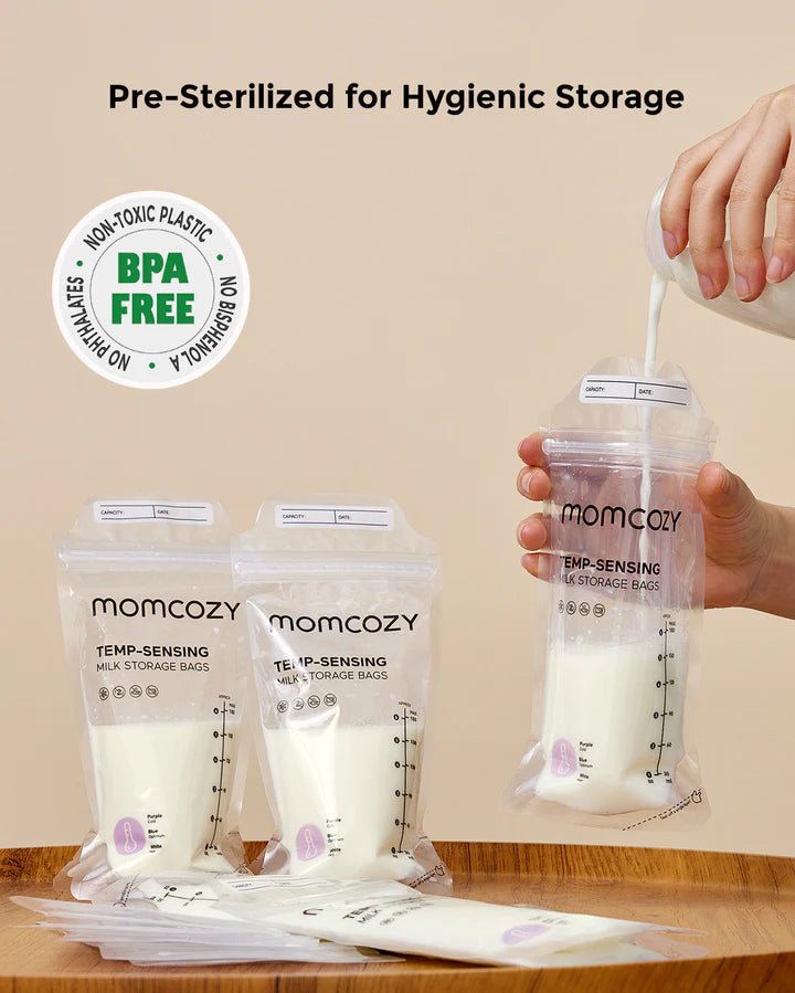 Momcozy 180ml Breastmilk Storage Bags with bottle and hygienic milk pouring for convenient breast milk storage
