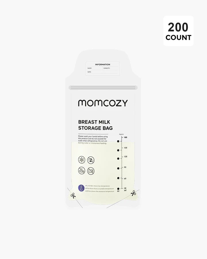 Momcozy 180ml Breastmilk Storage Bags packaging featuring colour-changing temperature indicator on white background