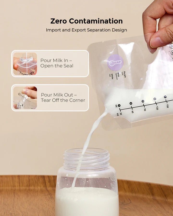 Momcozy 180ml Breastmilk Storage Bags with bottle and hygienic milk pouring for convenient breast milk storage