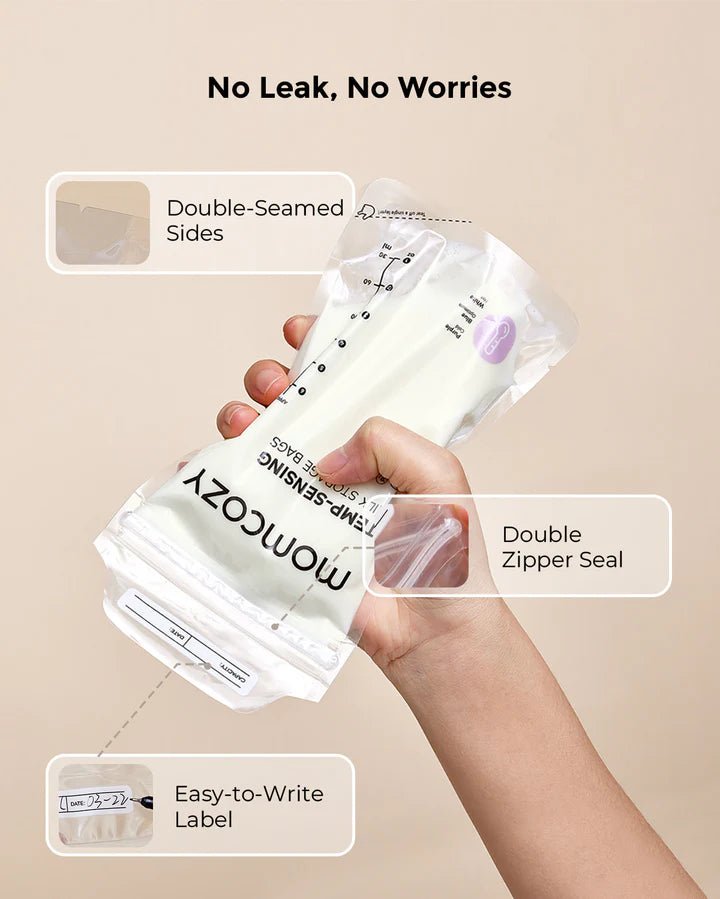 Momcozy 180ml Breastmilk Storage Bags with colour-changing temperature indicator displayed on beige background