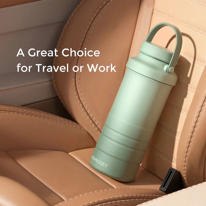 Momcozy 22oz Portable Breast Milk Cooler for Outdoor - Green Baby Feeding - Electronic -  Mint green thermos bottle on a car seat with text 'A Great Choice for Travel or Work'.
