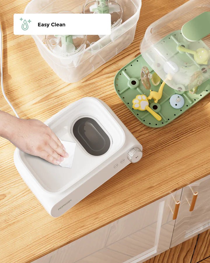 Momcozy 3 Layers Fast Bottle Sterilizer and Dryer with easy-clean exterior and user-friendly controls for parents.
