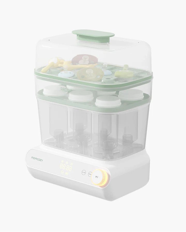 Momcozy BPA-free bottle sterilizer with three-layer capacity holding baby bottles and feeding accessories safely.