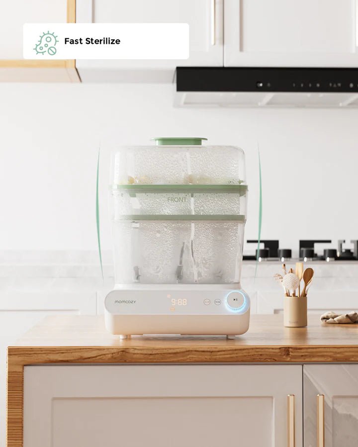 Momcozy 3 Layers Fast Bottle Sterilizer and Dryer highlighting rapid sterilization and efficient drying performance.