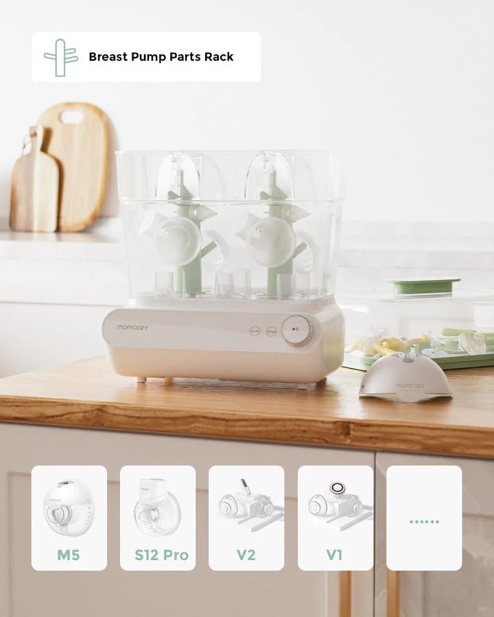 Momcozy 3 Layers Fast Bottle Sterilizer and Dryer holding breast pump parts and baby bottles for complete cleaning.