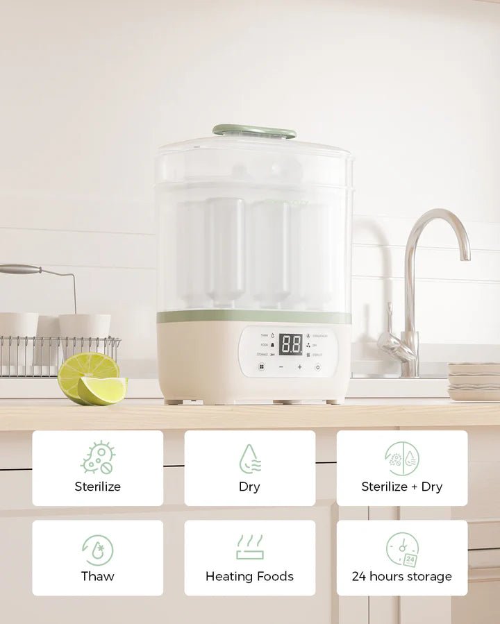 Momcozy bottle sterilizer showing eight sterilizing, drying, storage, and warming functions with easy digital operation.