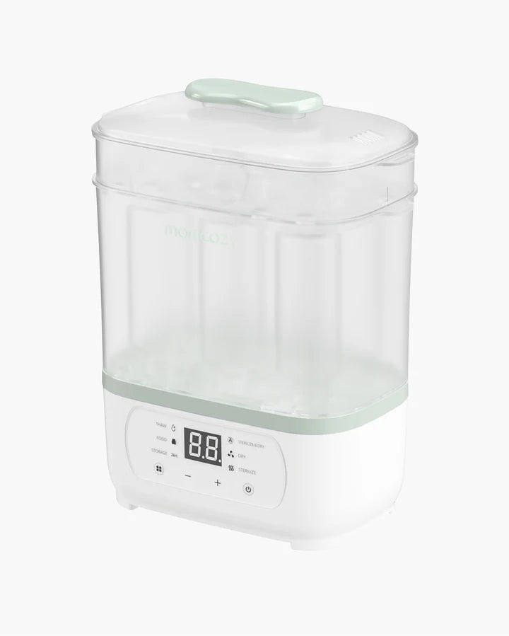 Momcozy 8-in-1 Baby Bottle Steam Sterilizer with LED display and compact countertop design on white background.