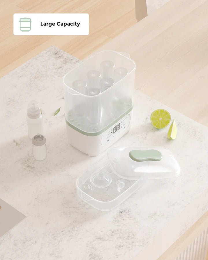 Momcozy 8-in-1 Baby Bottle Steam Sterilizer with spacious interior for bottles, nipples, breast pump parts, and accessories.