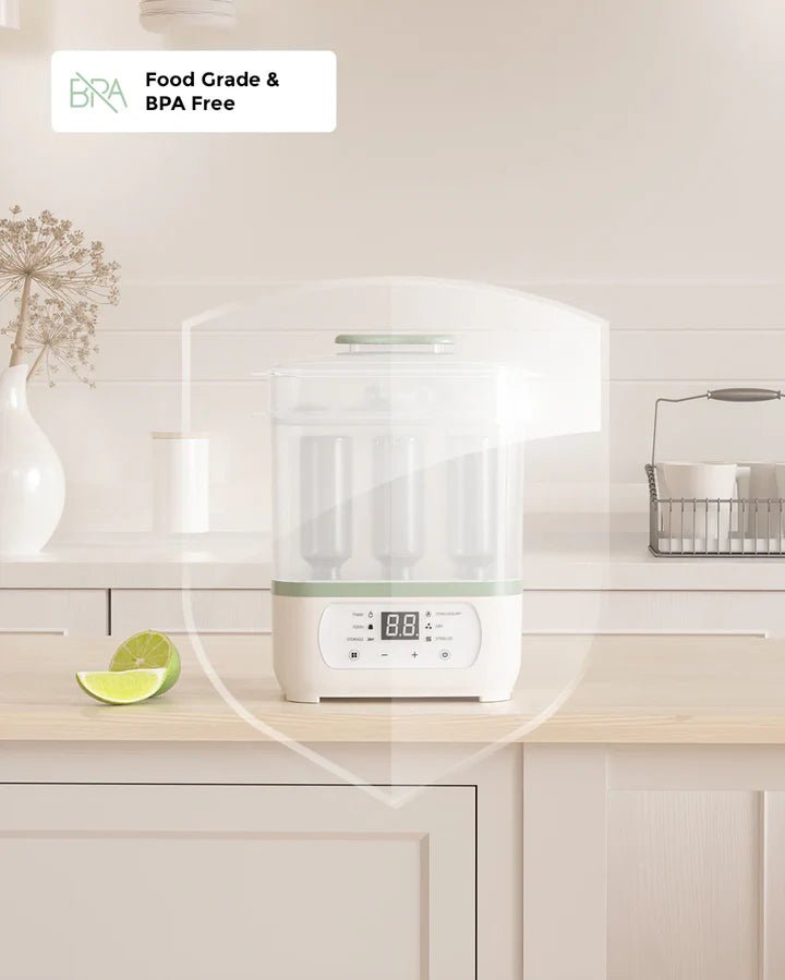 Momcozy 8-in-1 baby bottle steam sterilizer made from BPA-free food-grade materials for bottles and feeding accessories.
