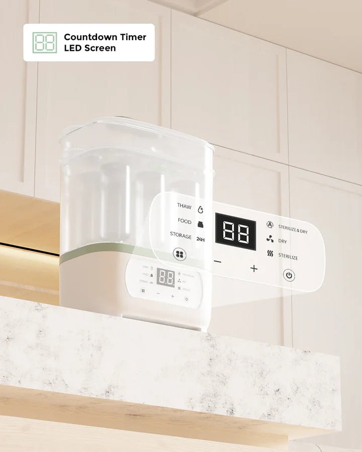 Momcozy 8-in-1 Baby Bottle Steam Sterilizer with LED display providing sterilizing, drying, and storage functions.