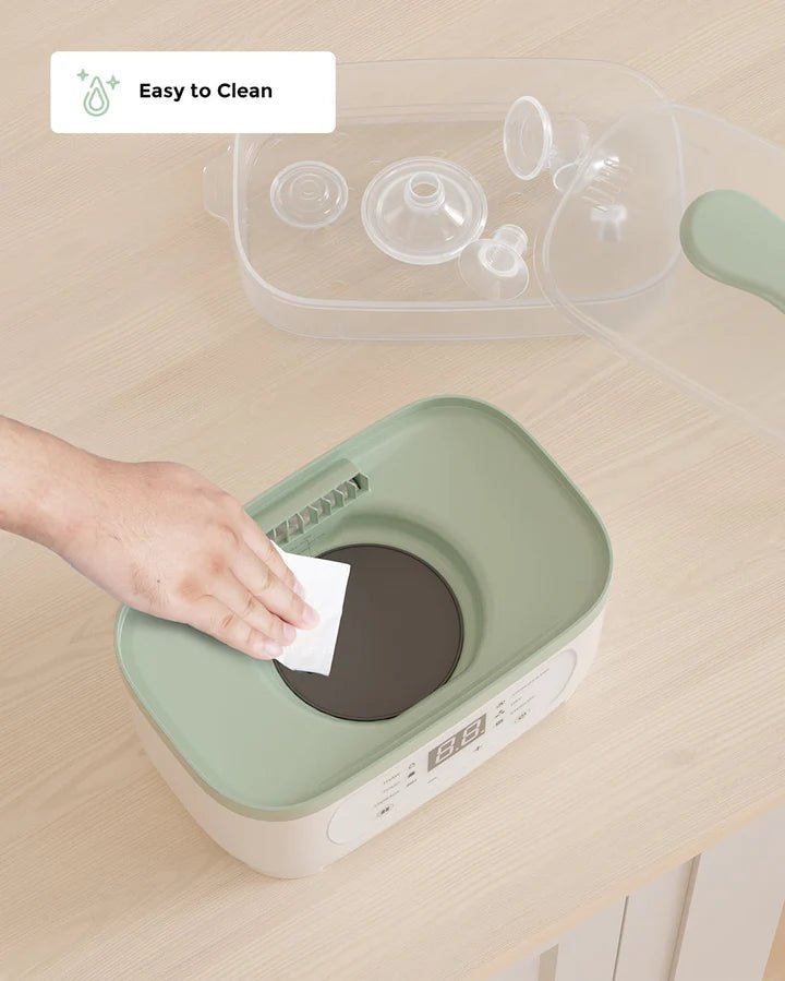 Momcozy baby bottle sterilizer with easy-clean exterior and digital controls for everyday bottle sanitizing and drying.