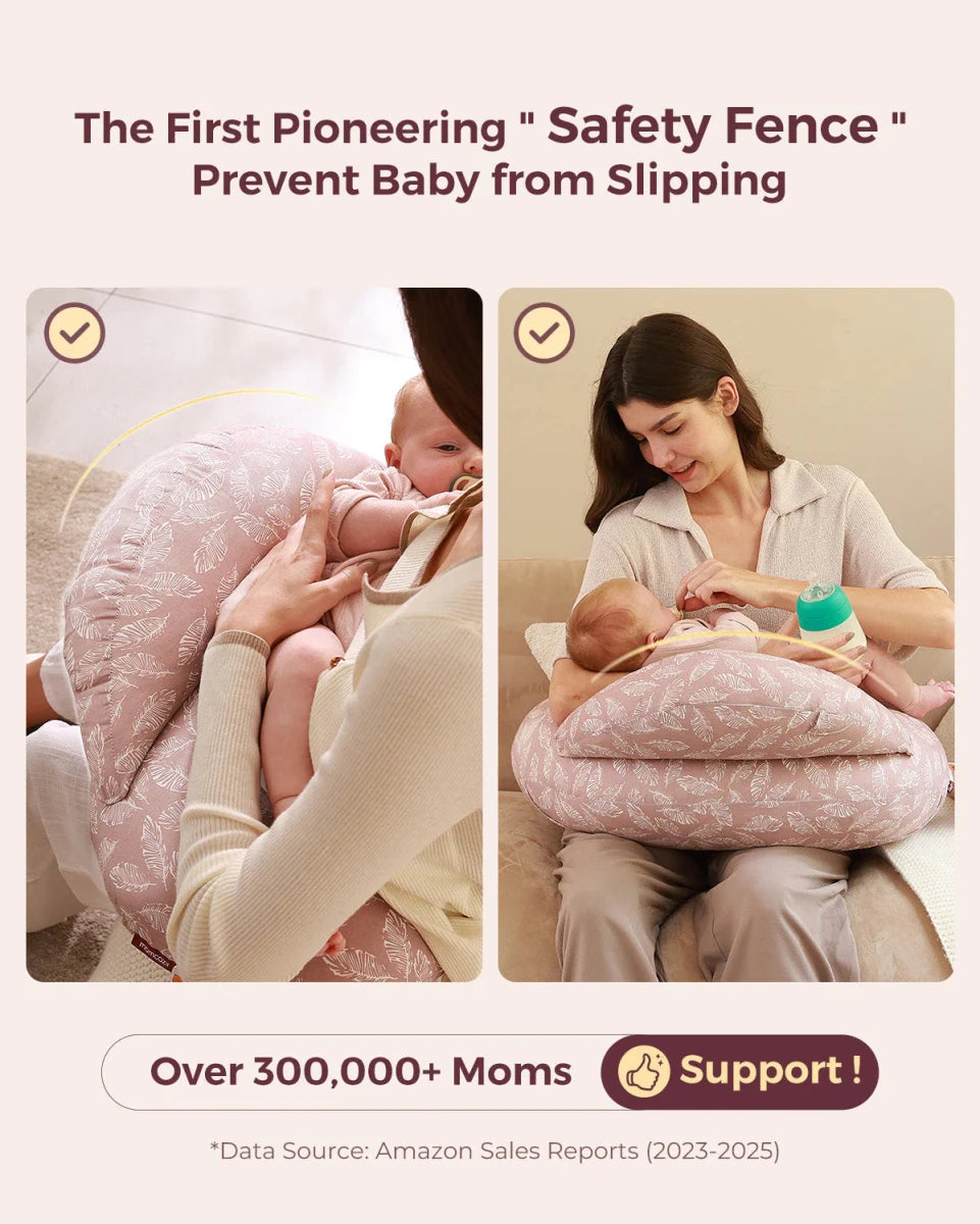Momcozy Adjustable Nursing Pillow advertisement highlighting ergonomic support trusted by over 300,000 mothers.