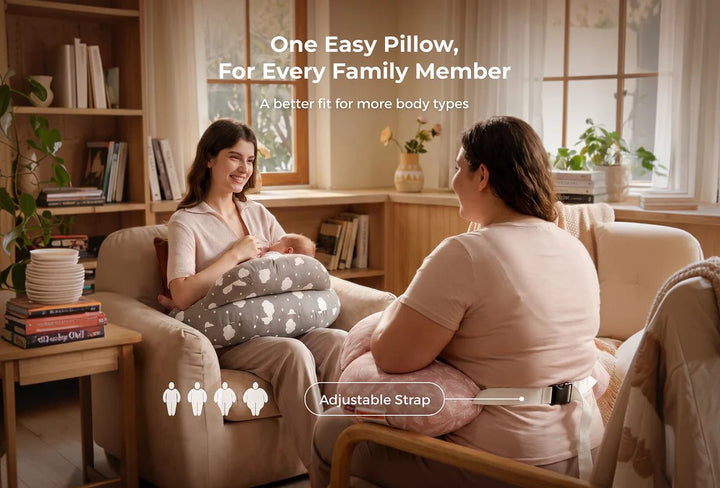 Parents relaxing with the Momcozy Adjustable Nursing Pillow in Grey Clouds during feeding and bonding time.