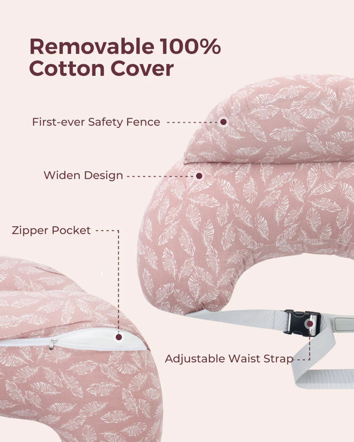 Momcozy Adjustable Nursing Pillow with removable cover, zipper pocket and adjustable waist support features.