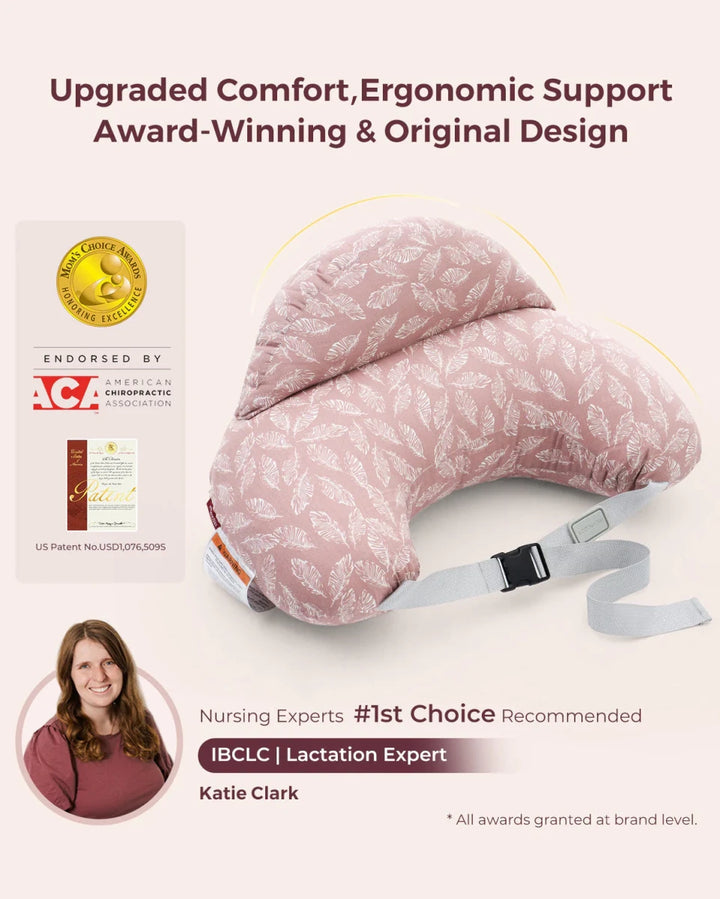 Momcozy Adjustable Nursing Pillow highlighting comfort, support and award-winning breastfeeding design features.