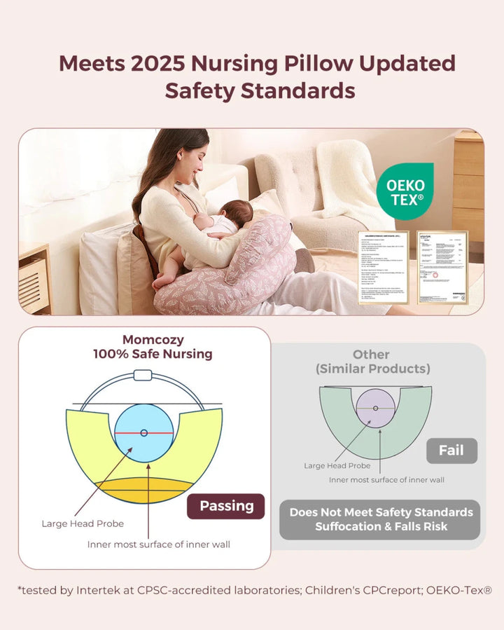 Momcozy Adjustable Nursing Pillow featuring OEKO-TEX certified materials for safe breastfeeding support.