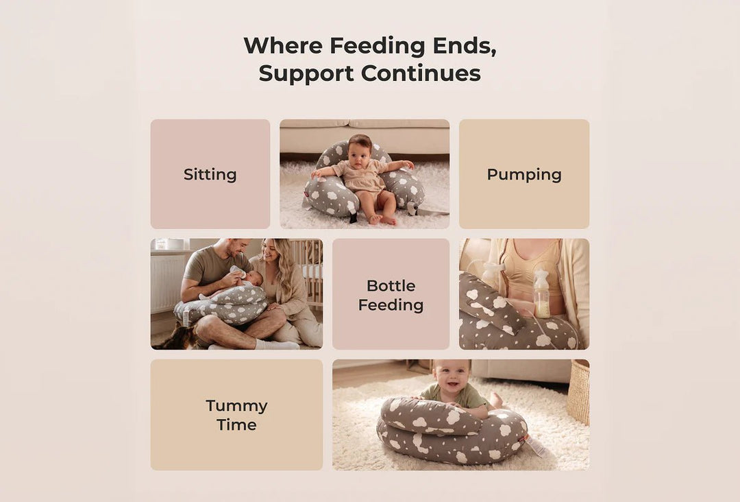 Momcozy Adjustable Nursing Pillow supporting breastfeeding, tummy time and growing baby development stages.