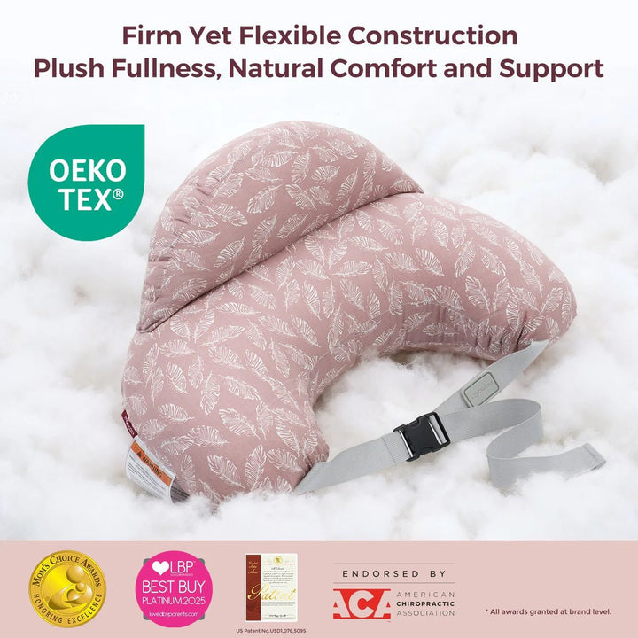 Momcozy Adjustable Nursing Pillow in Pink Leaves featuring OEKO-TEX certified fabric and floral print cover.