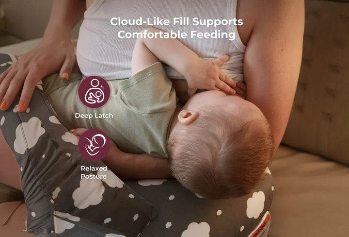 Baby feeding comfortably with the Momcozy Adjustable Nursing Pillow in Grey Clouds for ergonomic positioning.