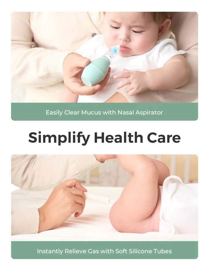 Momcozy All-in-1 Core Baby Kit Baby Care - Kits - Baby using a nasal aspirator with text about health care simplification.