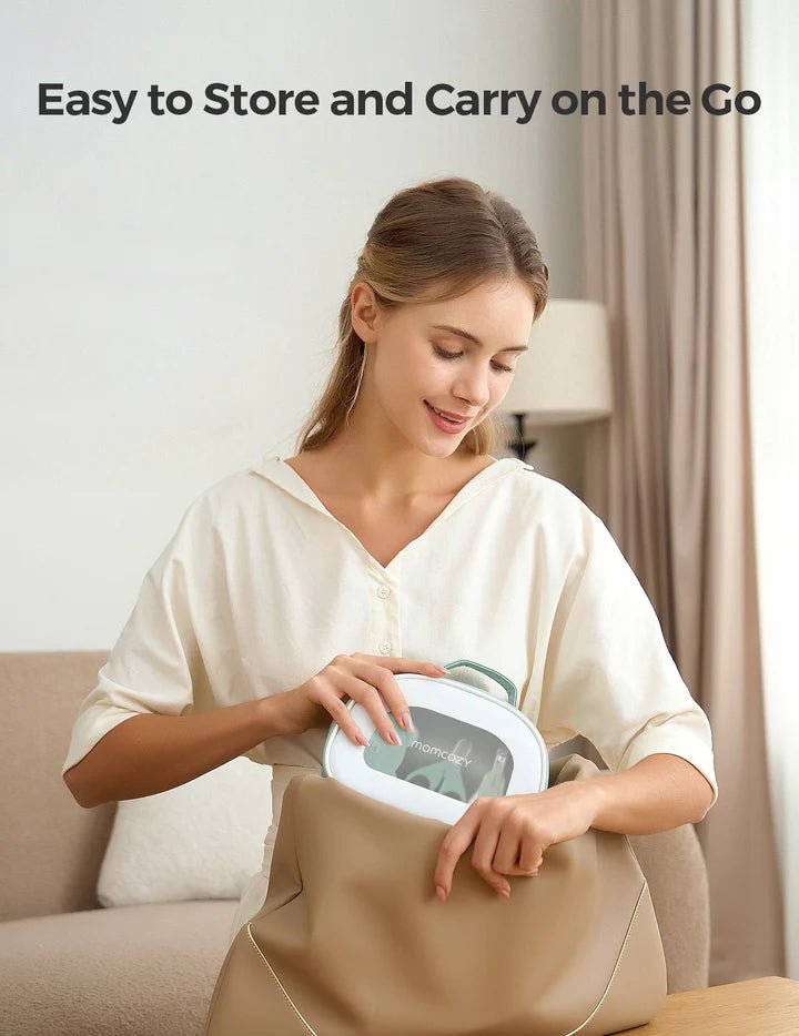 Momcozy All-in-1 Core Baby Kit Baby Care - Kits - Woman placing a product into a bag with text 'Easy to Store and Carry on the Go'.