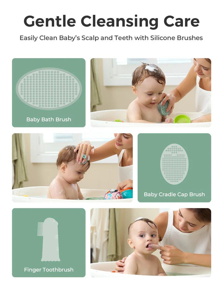 Baby care products including a bath brush, cradle cap brush, and finger toothbrush with images of a baby being bathed.