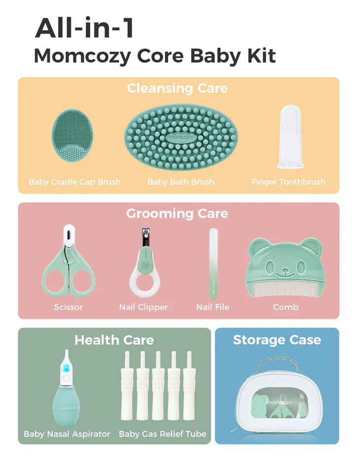 Momcozy All-in-1 Core Baby Kit Baby Care - Kits - Momcozy Core Baby Kit with various baby care items on a colorful background