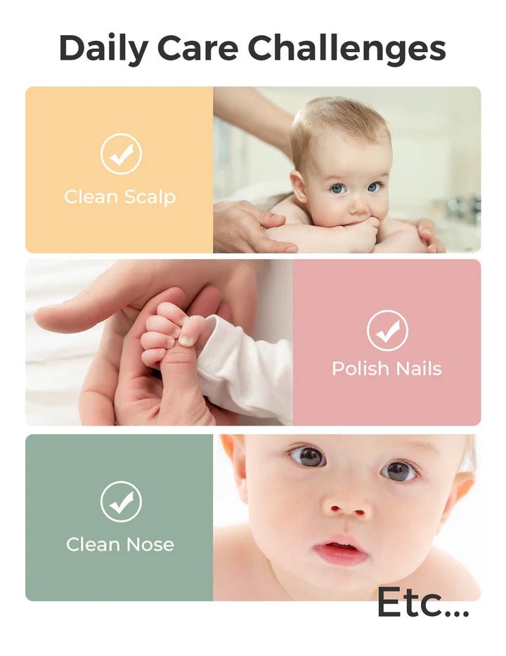 Momcozy All-in-1 Core Baby Kit Baby Care - Kits -  Baby care routine with images of cleaning a baby's scalp, nails, and nose.