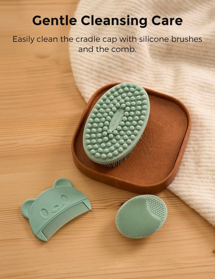 Momcozy All-in-1 Glow Baby Kit silicone bath brush, cradle cap brush and baby comb