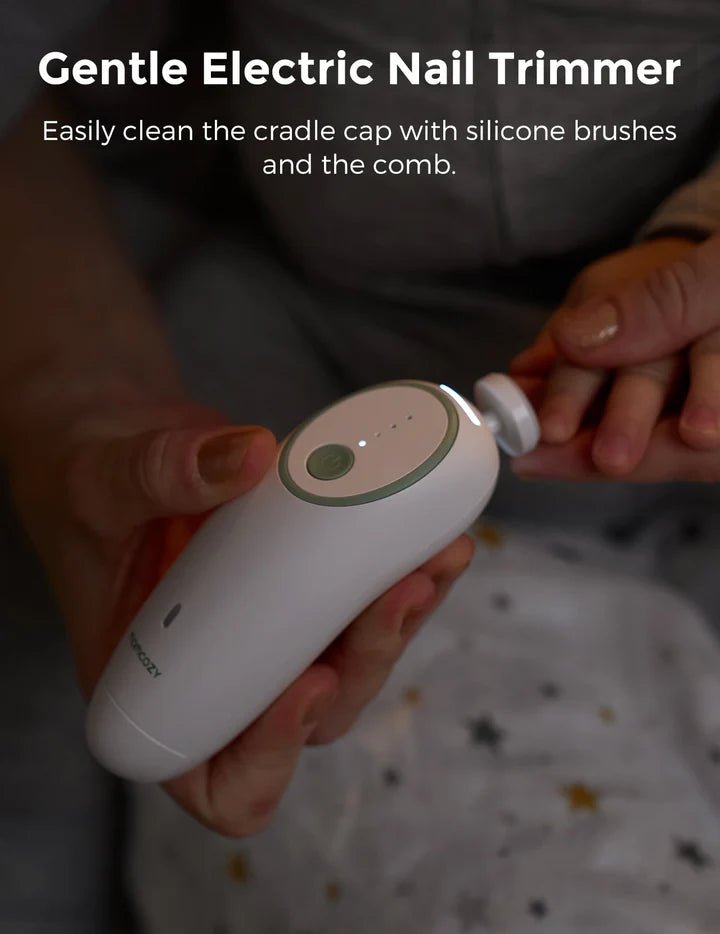 Gentle Electric Nail Trimmer being used on a person's nail with text about cleaning the cradle cap.