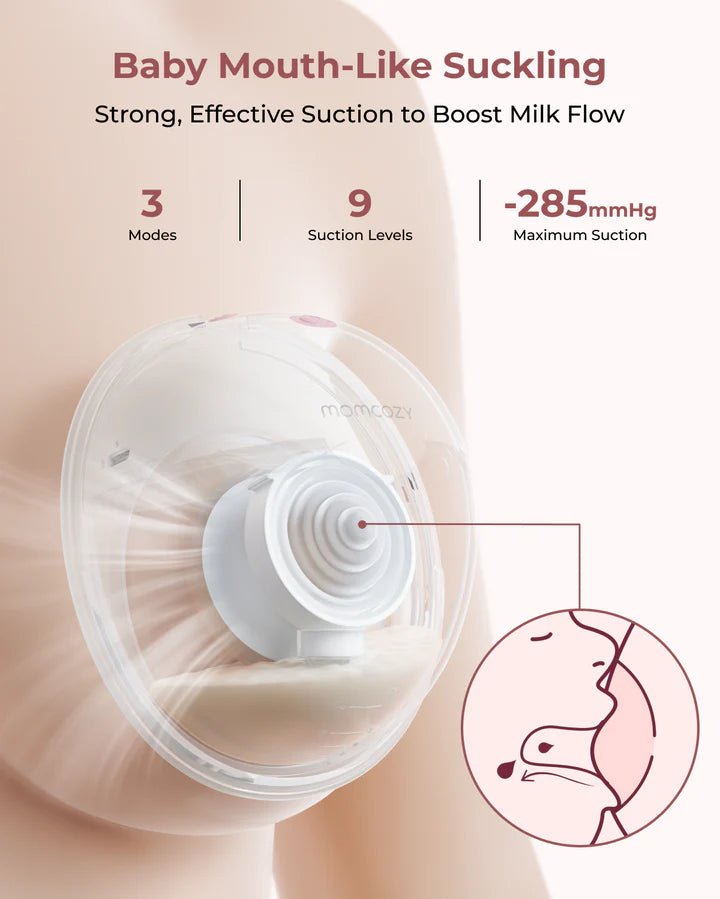 Momcozy M5 Smart Hands-Free Breast Pump highlighting baby-mouth-inspired suction technology and pumping modes.
