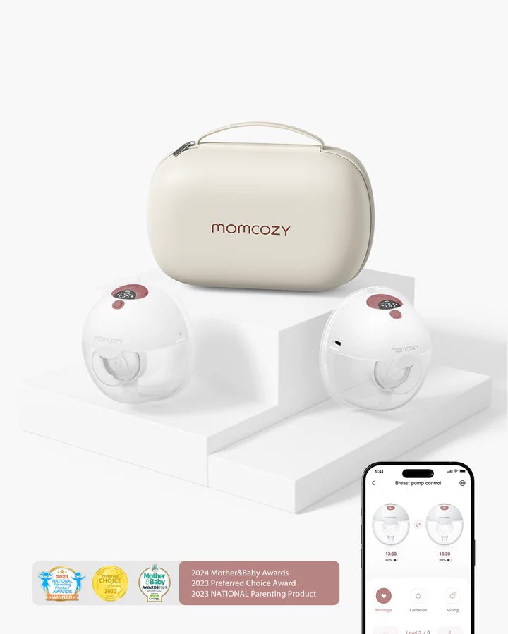 Momcozy M5 Smart Hands-Free Breast Pump kit with two wearable pumps, charging case and accessories on a white background.