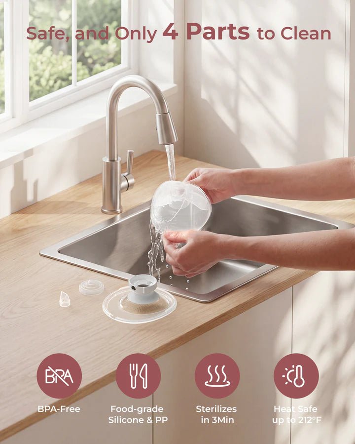 Parent washing dishes while using the Momcozy M5 Smart Hands-Free Breast Pump for everyday convenience.