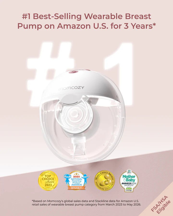 Momcozy M5 Smart Hands-Free Breast Pump promotional image featuring wearable design and award-winning recognition.
